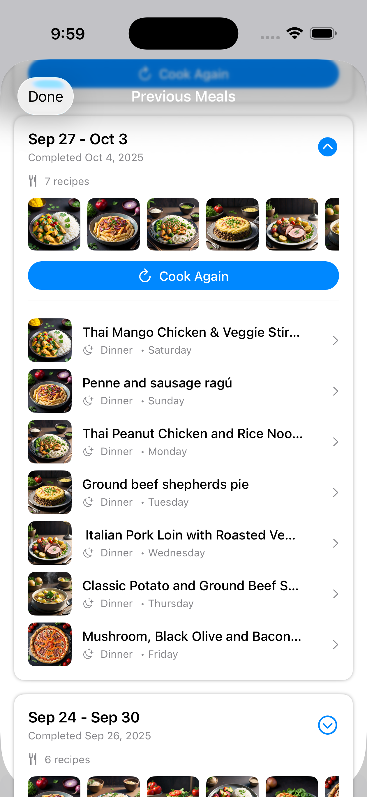 Previous Meals - Cook Again